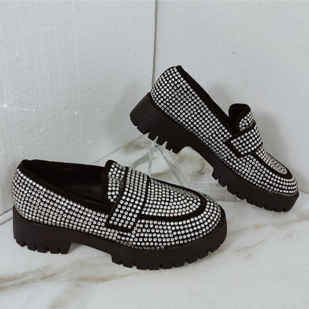 Bamboo Miranda Black Rhinestone Platform Lug Sole Chunky Loafers, 7.5 - Picture 1 of 11